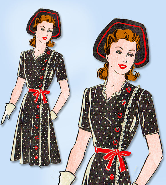 1940s Original Vintage Mail Order Pattern 8481 Misses WWII Sweetheart Dress 34 B