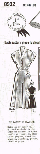 Mail Order 8932: 1950s Uncut Misses Day Dress Sz 36 Bust Vintage Sewing Pattern