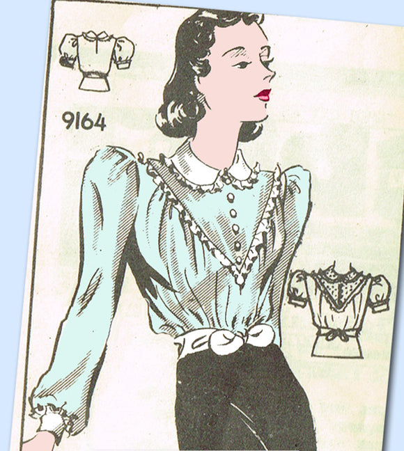 1940s Vintage Marian Martin Sewing Pattern 9164 Misses WWII Pretty Blouse Sz 30B - Vintage4me2
