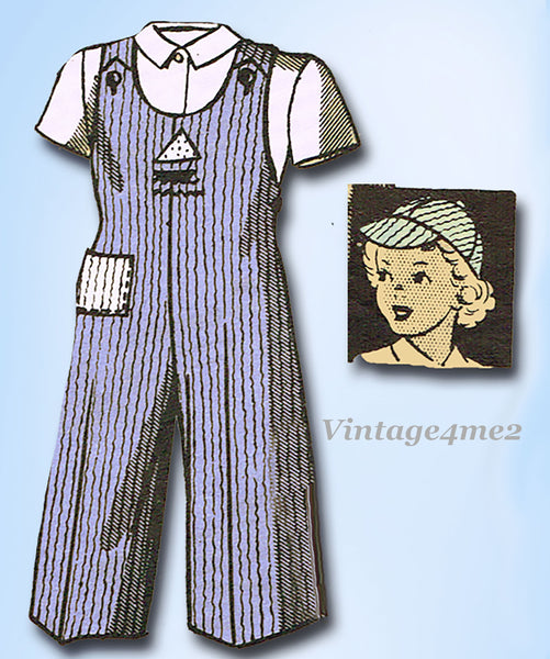 1940s Original Vintage Marian Martin Pattern 9391 Toddler Girls Overalls & Hat Sz 2