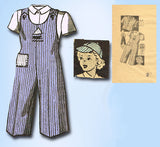 1940s Original Vintage Marian Martin Pattern 9391 Toddler Girls Overalls & Hat Sz 2