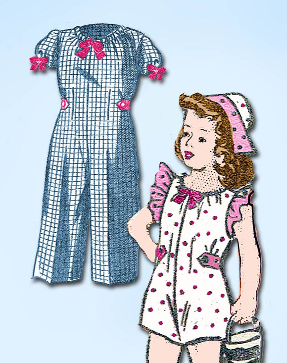 1940s Vintage Marian Martin Pattern 9410 Toddler Girls Romper Coveralls Hat Sz 6 - Vintage4me2