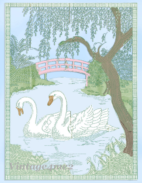 1940s Vintage Alice Brooks Embroidery Transfer 5890 Uncut Swan Scene Wall Hanging