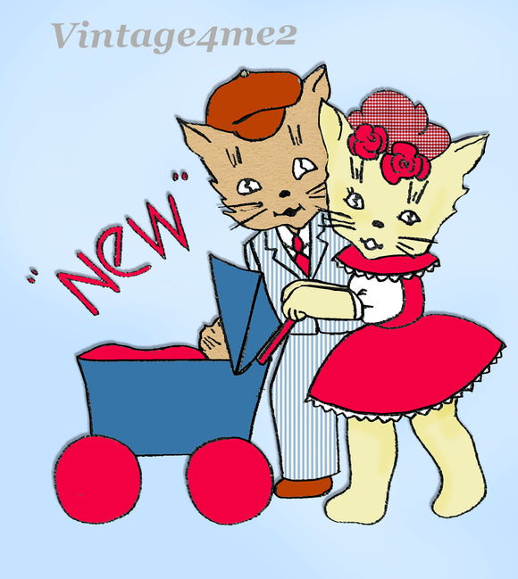 1950s Anne Cabot Embroidery Transfer 5095 Uncut Honeymoon Kitten Tea Towel Set