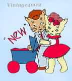 1950s Anne Cabot Embroidery Transfer 5095 Uncut Honeymoon Kitten Tea Towel Set