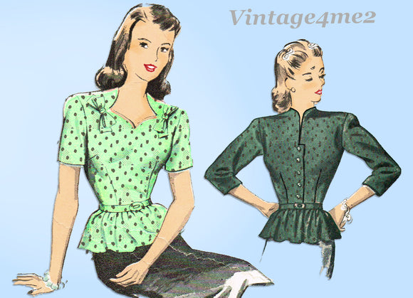 1940s Vintage Advance Sewing Pattern 4044 Uncut Misses Peplum Blouse 32 B