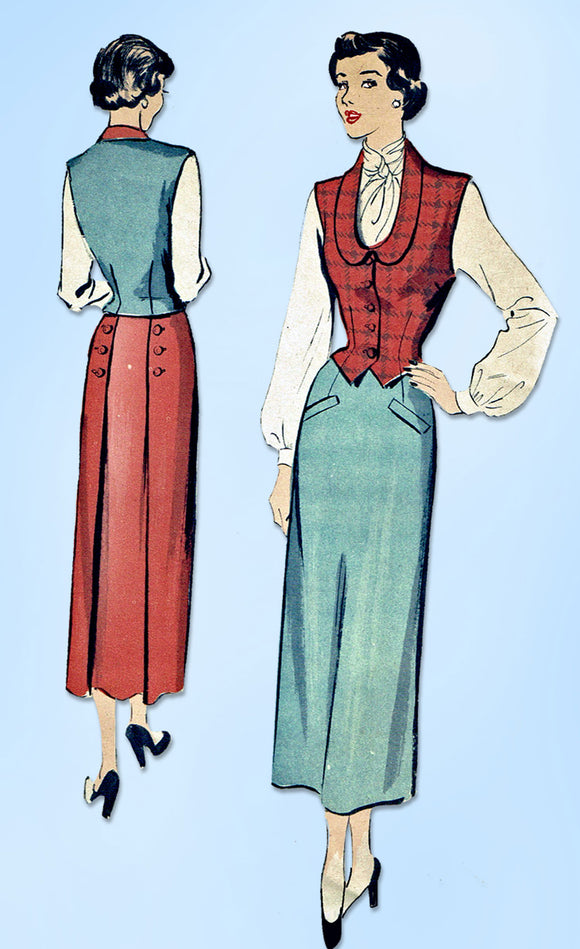1940s Vintage Advance Sewing Pattern 5085 Uncut Misses Skirt & Weskit Sz 30 Bust