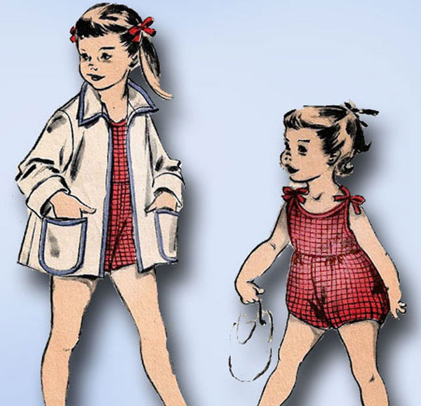 1950s Vintage Advance Sewing Pattern 6424 Toddler Girls Bathing Suit & Coat Sz 4