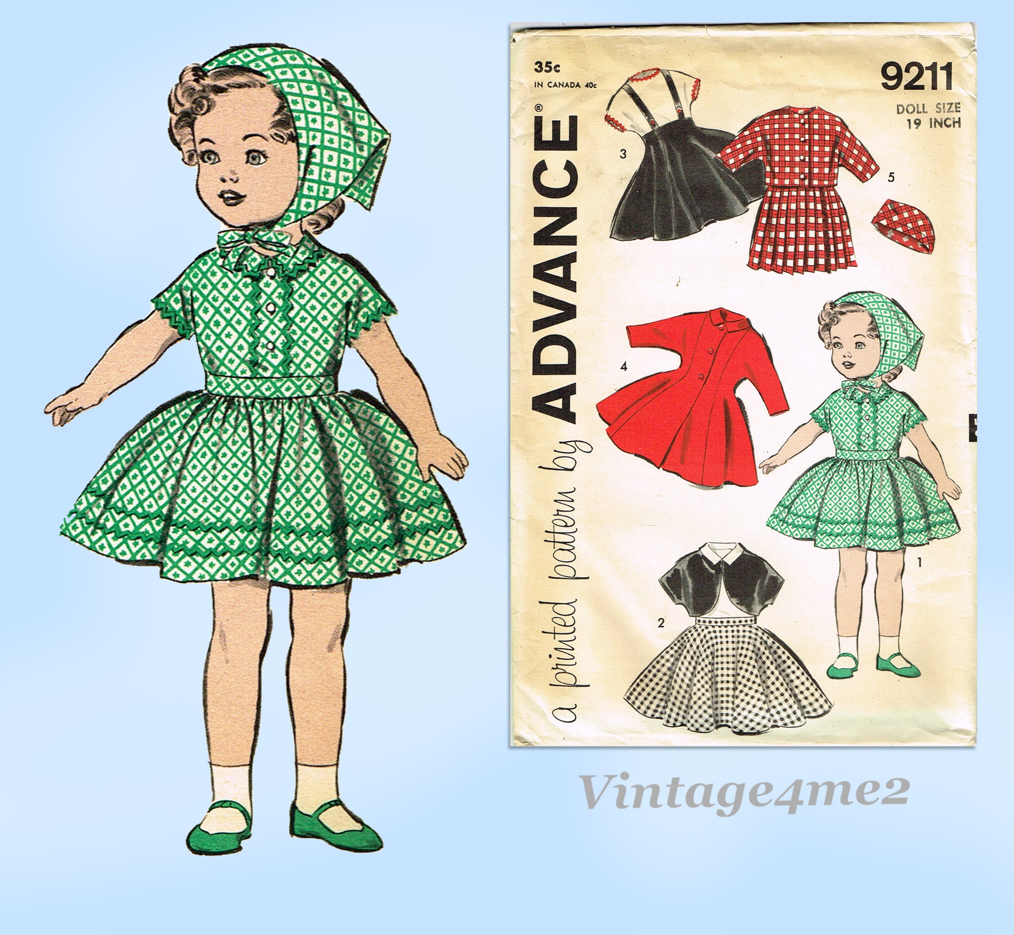 1950s Vintage Advance Sewing Pattern 9211 19 Inch Doll Clothes Set