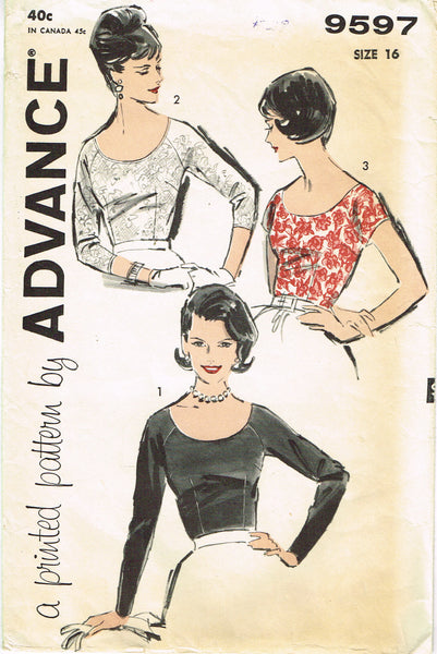 Advance 9597: 1950s Misses Scoop Neck Blouse Size 36 Bust Vintage Sewing Pattern