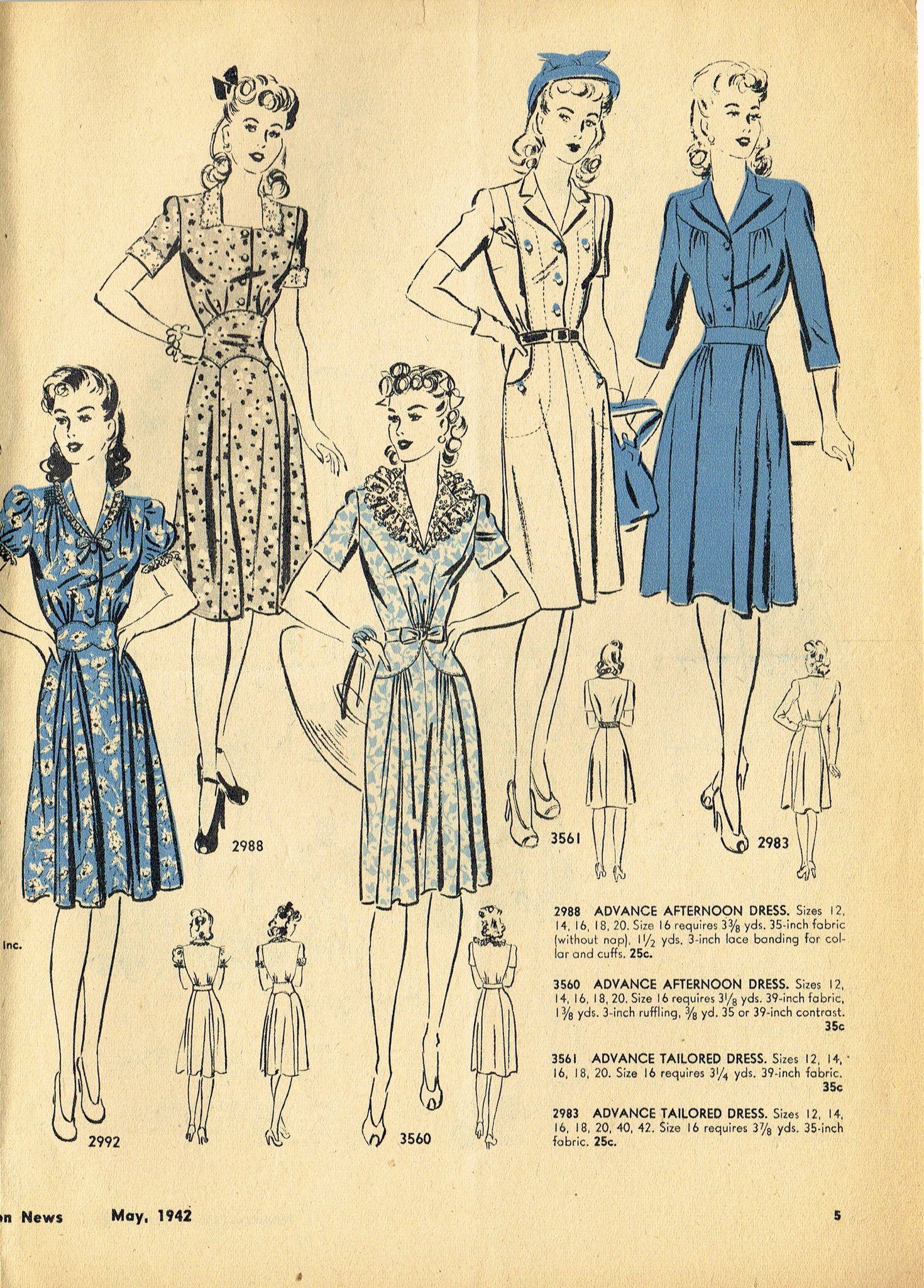 Digital Download Advance Fashion News May 1942 Sewing Pattern