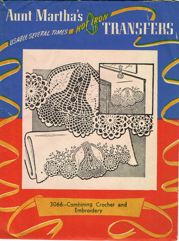 1950s Aunt Marthas Embroidery Transfer 3066 Uncut Pillowcases w Crochet Ends