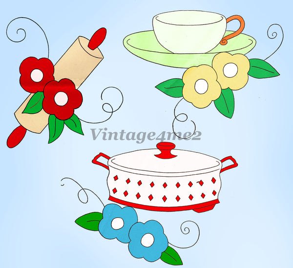 Aunt Martha's Embroidery Transfer 9341: 1940s Uncut Dish & Flower Tea Towels - Vintage4me2
