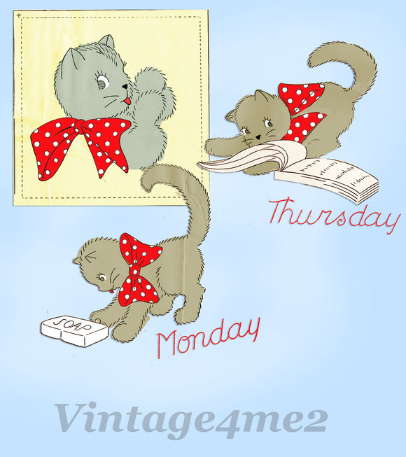 Aunt Martha's Embroidery Transfer 9347: 1940s Uncut Kitten DOW Tea Towels - Vintage4me2