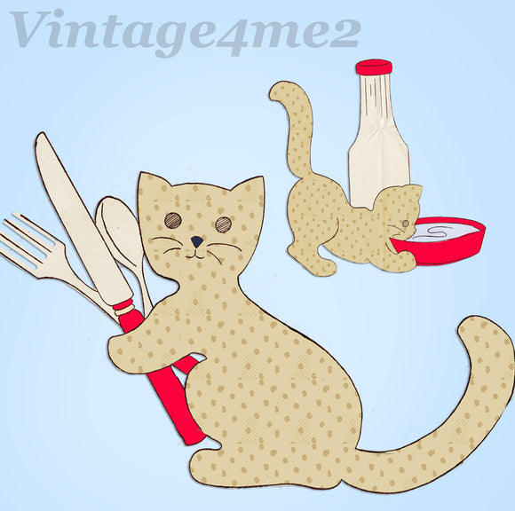 1940s VTG Aunt Martha's Embroidery Transfer 9376 Uncut Calico Cat Tea Towel Set - Vintage4me2