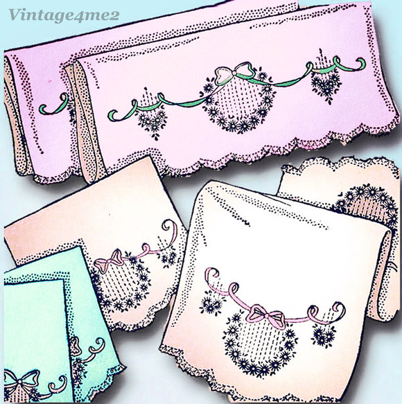 1950s Vintage Aunt Marthas Embroidery Transfer 9519 Uncut Bowknot Bedroom Set - Vintage4me2