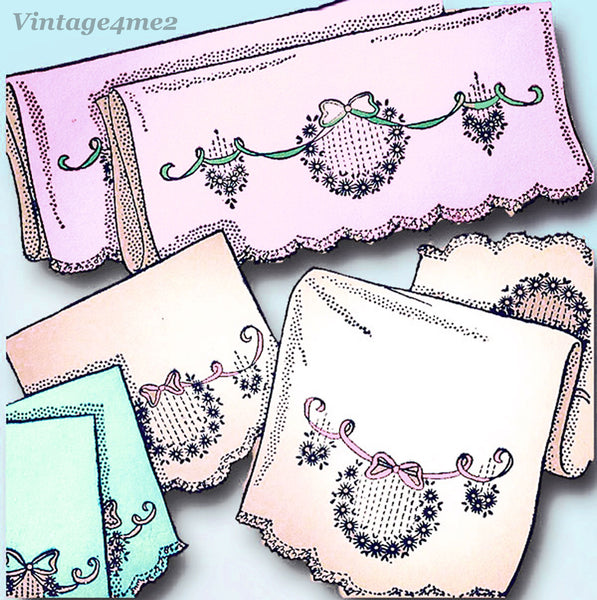 1950s Vintage Aunt Marthas Embroidery Transfer 9519 Uncut Bowknot Bedroom Set - Vintage4me2