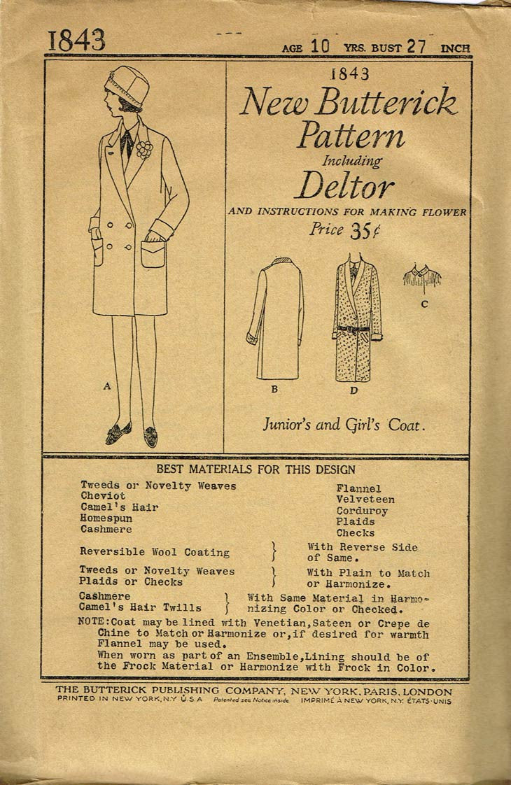 1920s Antique Butterick Sewing Pattern 1843 Uncut Girls Flapper Coat S ...