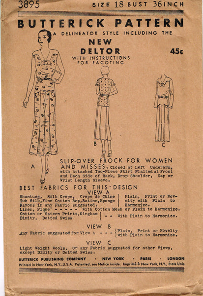 Butterick 3895: 1930s Uncut Misses Street Dress Size 36 B Vintage Sewing Pattern
