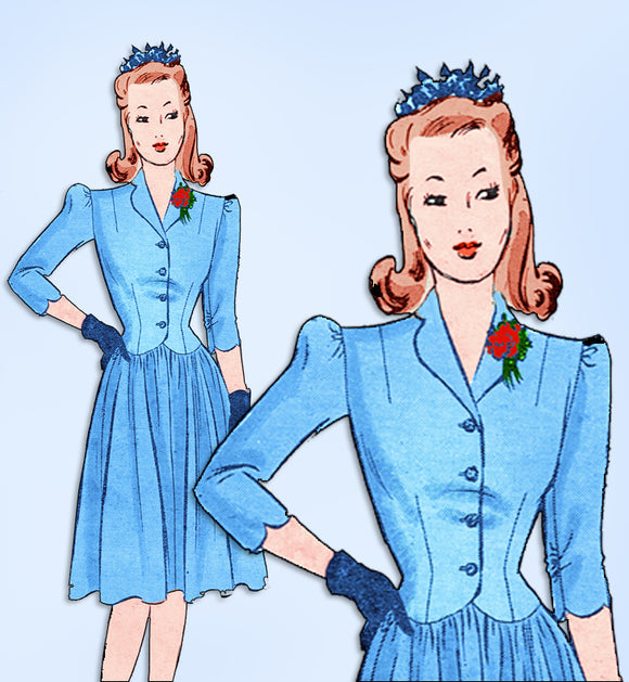 1940s Original Vintage Butterick Pattern 1365 WWII Misses Shirtwaist Dress 33 B