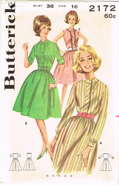 Butterick 2172: 1960s Misses Shirtawaist Dress Sz 36 Bust Vintage Sewing Pattern