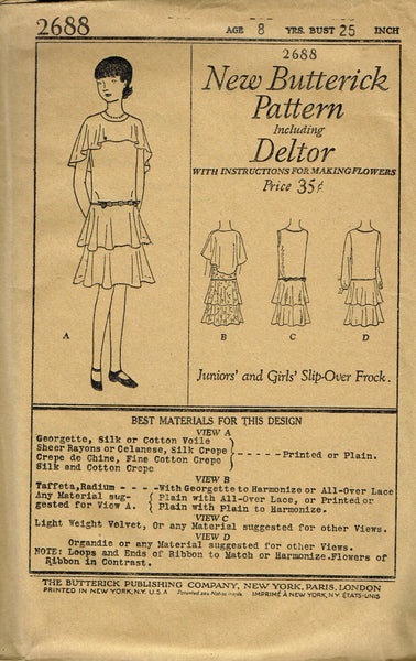 Butterick 2688: 1920s Uncut Girls Flapper Party Dress Vintage Sewing Pattern