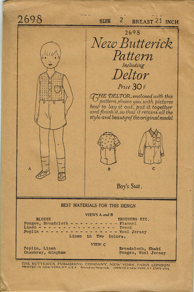 Butterick 2698: 1920s Cute Uncut Toddler Boys Sun Suit Vintage Sewing Pattern