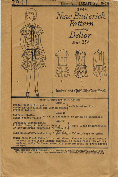 Butterick 2944: 1920s Sweet Uncut Girls Party Dress Vintage Sewing Pattern