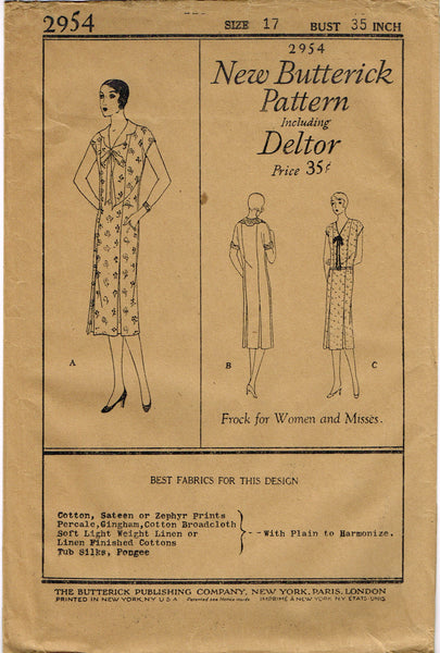 Butterick 2954: 1930s Uncut Misses Straight Dress Sz 35 B Vintage Sewing Pattern