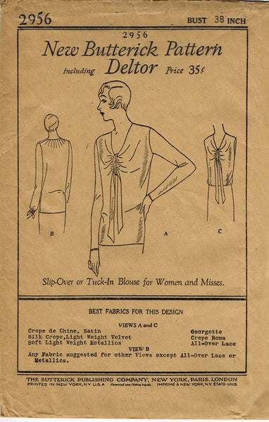 Butterick 2956: 1920s Uncut Misses Flapper Blouse Vintage Sewing Pattern