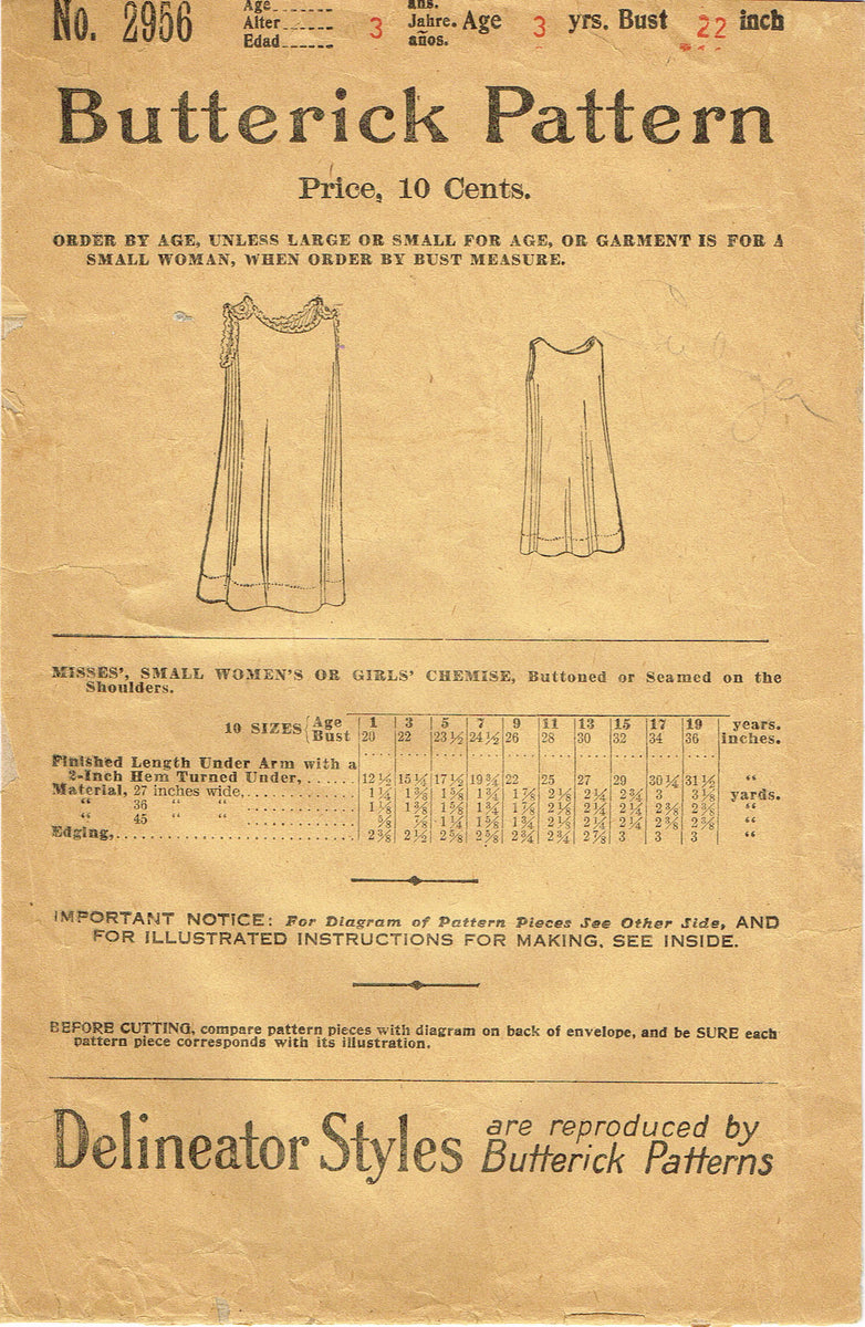 Butterick 2956: 1910s Rare Easy Toddler Girls Slip Size 3 Vintage Sewi ...