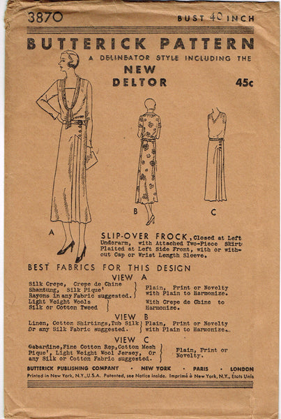 Butterick 3870: 1930s Uncut Misses Street Dress Size 40 B Vintage Sewing Pattern