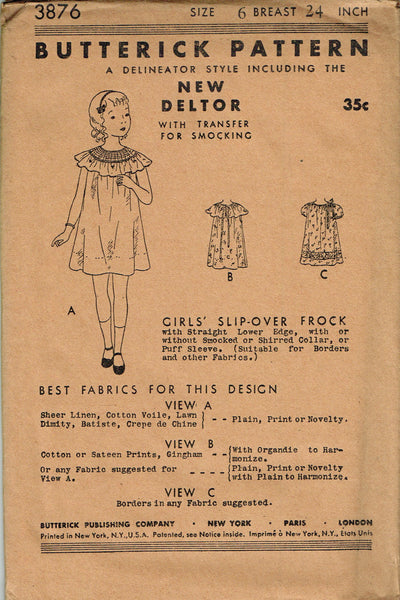 Butterick 3876: 1930s Cute Uncut Little Girls Dress Vintage Sewing Pattern