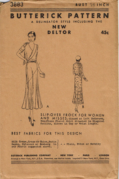 Butterick 3883: 1930s Rare Uncut Misses Dinner Dress 38 B Vintage Sewing Pattern