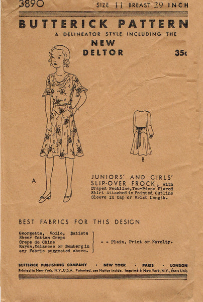 Butterick 3890: 1930s Uncut Teen Girls Party Dress Vintage Sewing Pattern