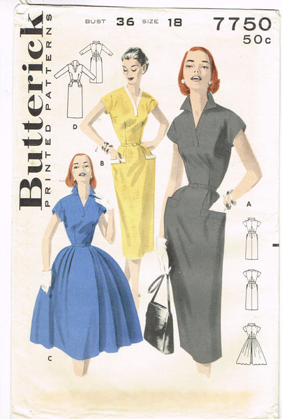 Butterick 7750: 1950s Uncut MIsses Street Dress Sz 36 B Vintage Sewing Pattern
