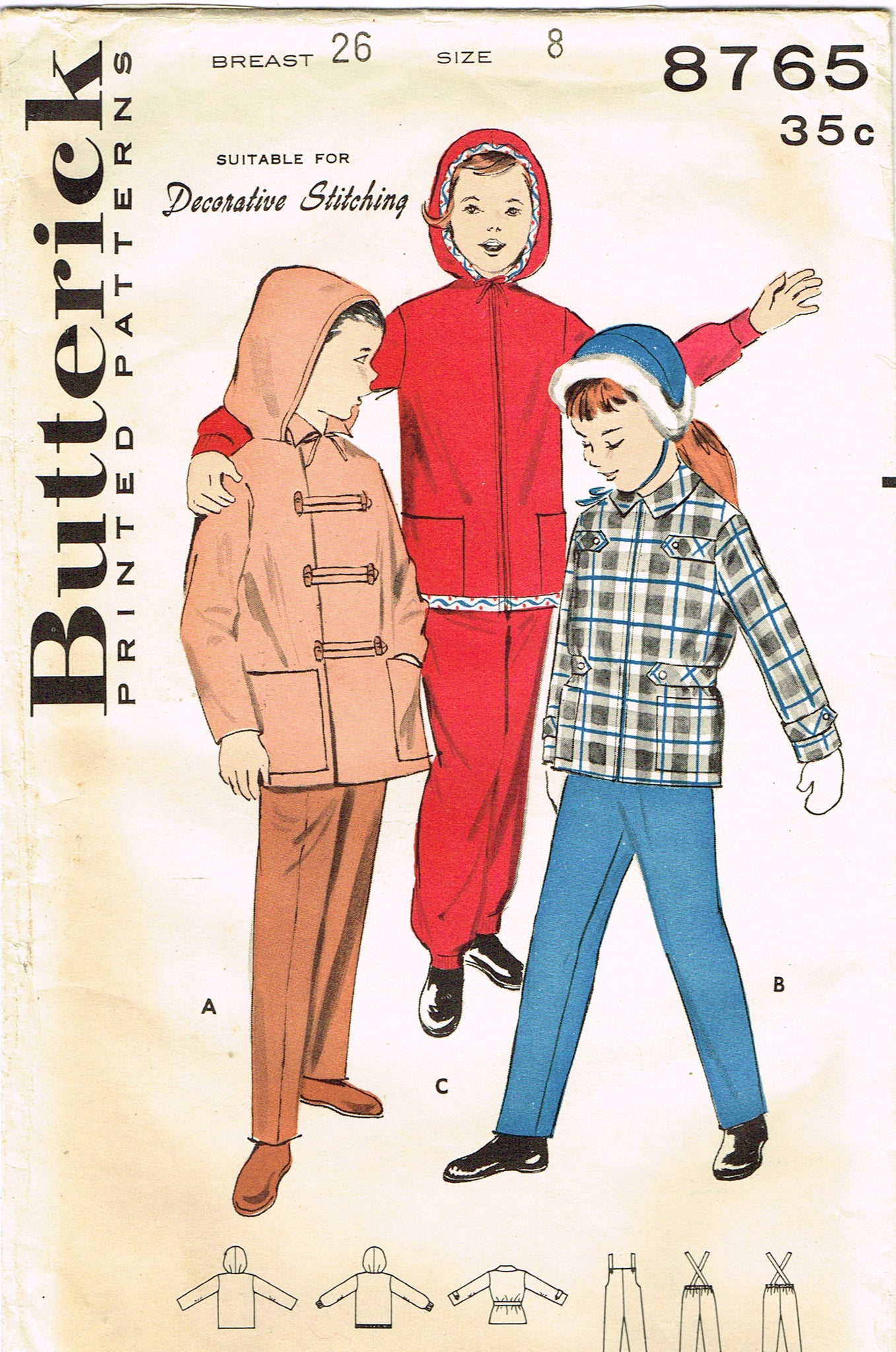 Butterick 8765: 1950s Cute Girls Hooded Winter Coat Sz 8 Vintage