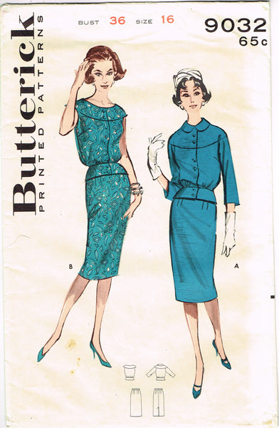 Butterick 9032: 1960s Lovely Misses Day Dress Sz 36 Bust Vintage Sewing Pattern