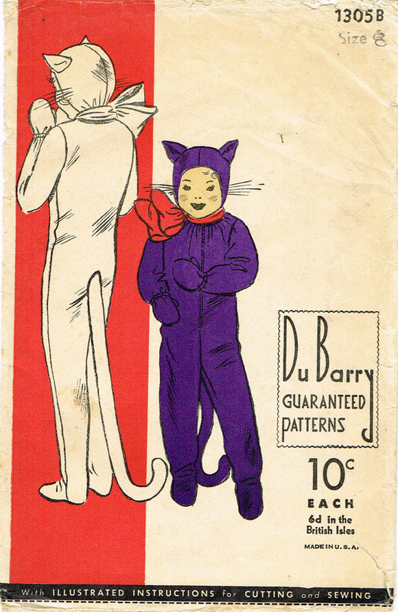 1930s Vintage Du Barry Sewing Pattern 1305 Little Boy or Girls Cat Costume Sz 8