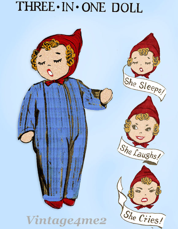 1930s Vintage Mail Order Sewing Pattern E-1129 Cute Baby Doll w 3 Faces