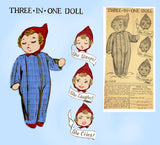 1930s Vintage Mail Order Sewing Pattern E-1129 Cute Baby Doll w 3 Faces