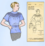 1930s Original Vintage Excella Sewing Pattern 4938 Misses Shirred Blouse Sz 32 B