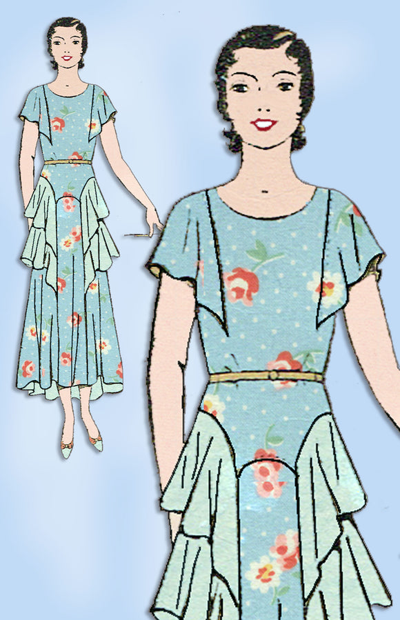 1930s Vintage Excella Sewing Pattern 3137 Misses Cocktail Dress w Flounce Sz 34B