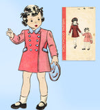 1940s Vintage Hollywood Pattern 1180 WWII Baby Girls Double Breasted Coat Size 2
