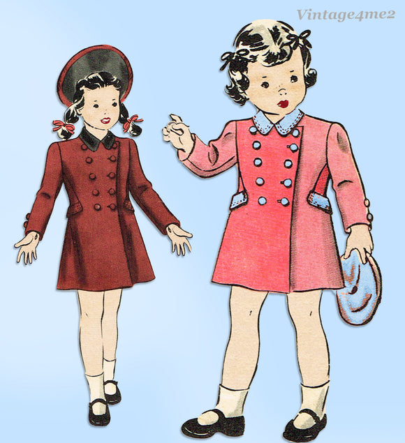 1940s Vintage Hollywood Pattern 1180 WWII Baby Girls Double Breasted Coat Size 2