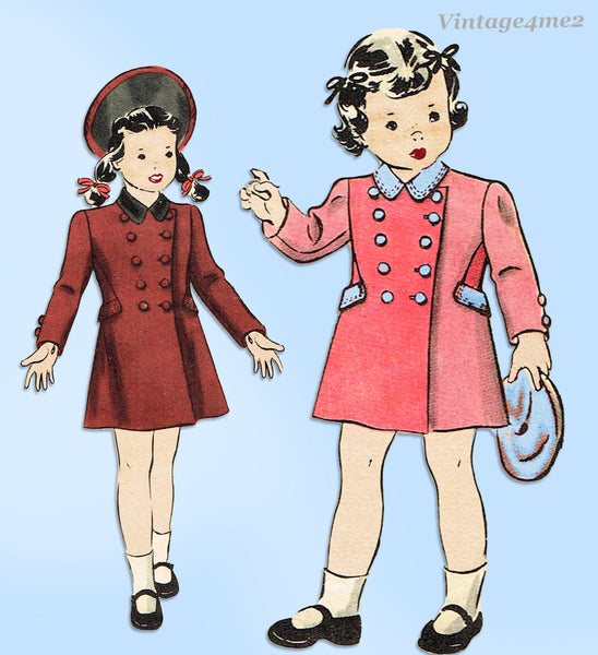 1940s Vintage Hollywood Pattern 1180 WWII Baby Girls Double Breasted Coat Size 2