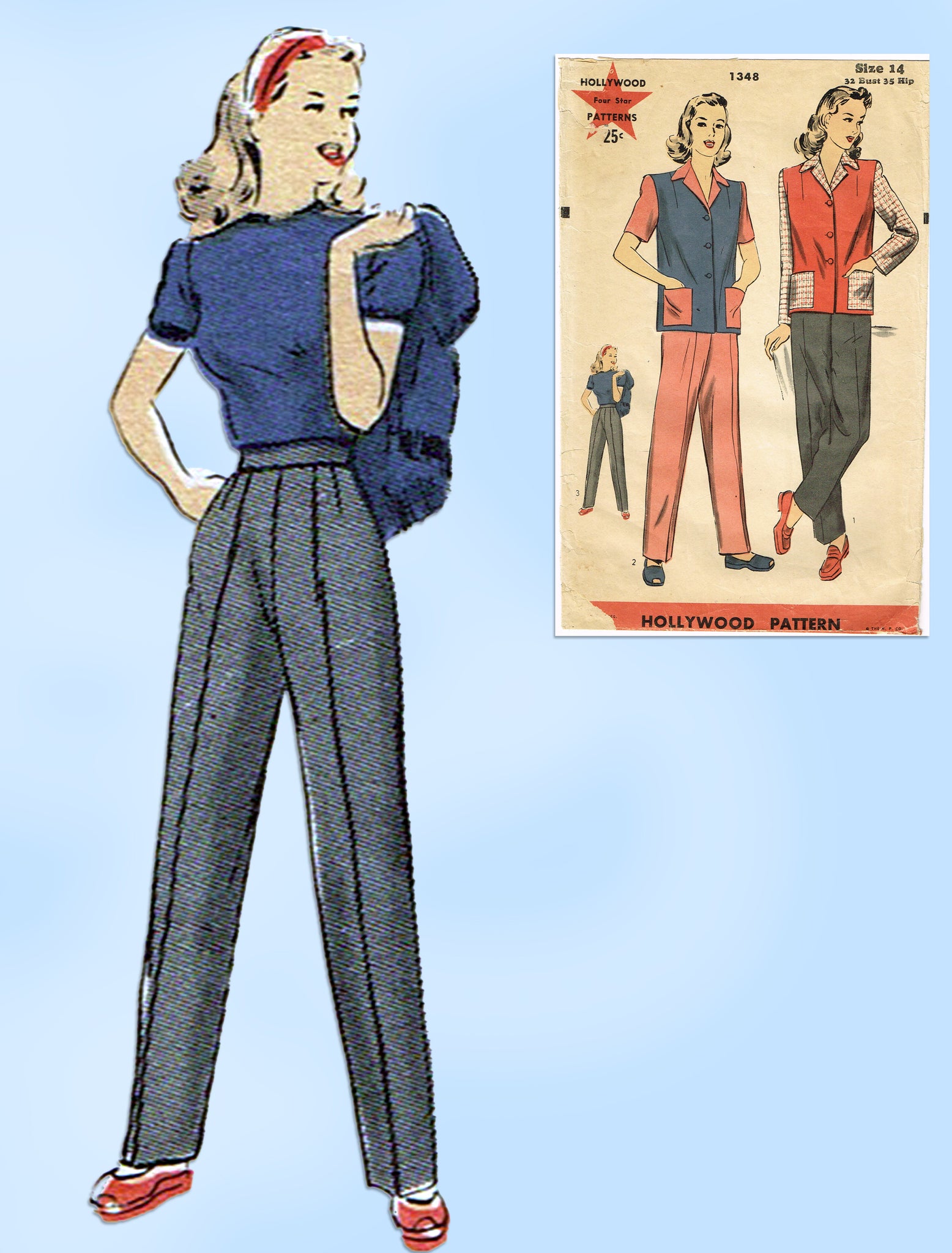 Hollywood 1348: 1940s Misses Pants Suit Sz 32 B Vintage Sewing Pattern –  Vintage4me2