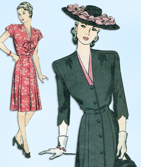 1940s Original Vintage Hollywood Pattern 1592 WWII Misses Dress Size 16 34 Bust