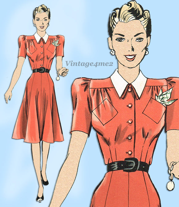 Hollywood 406: 1940s Misses Shirtwaist Dress Size 38 Bust Vintage Sewing Pattern