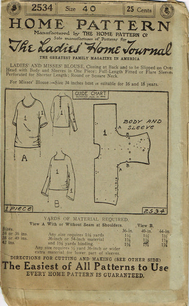 Ladies Home Journal 2534: 1920s Uncut Misses Blouse 40 B Vintage Sewing Pattern